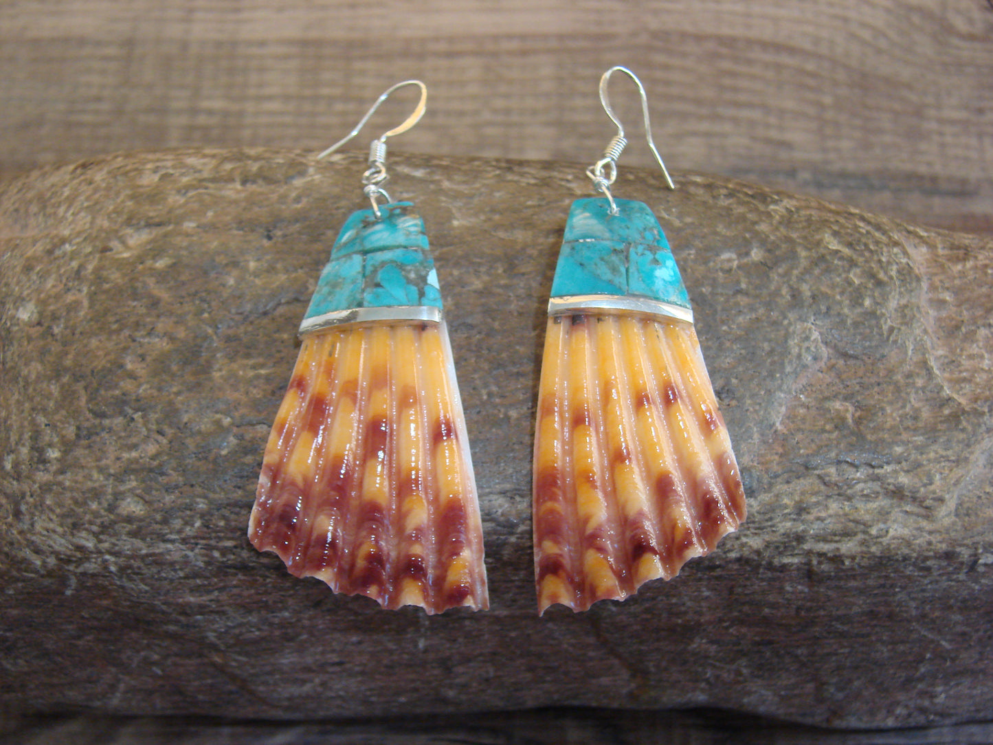 Native American Turquoise Inlay Shell Dangle Earrings - Aguilar