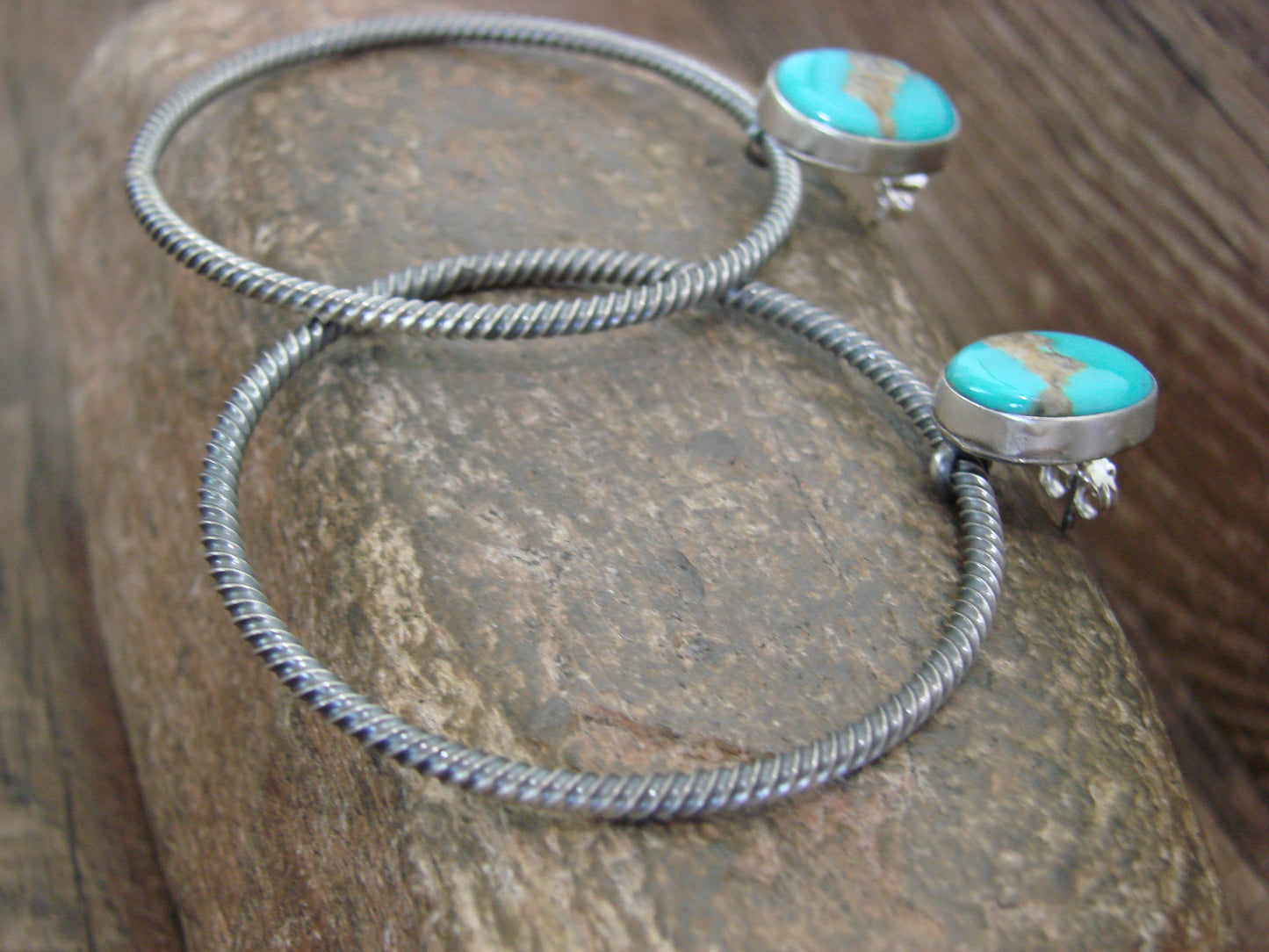 Native American Sterling Silver & Turquoise Hoop Post Earrings - Betone