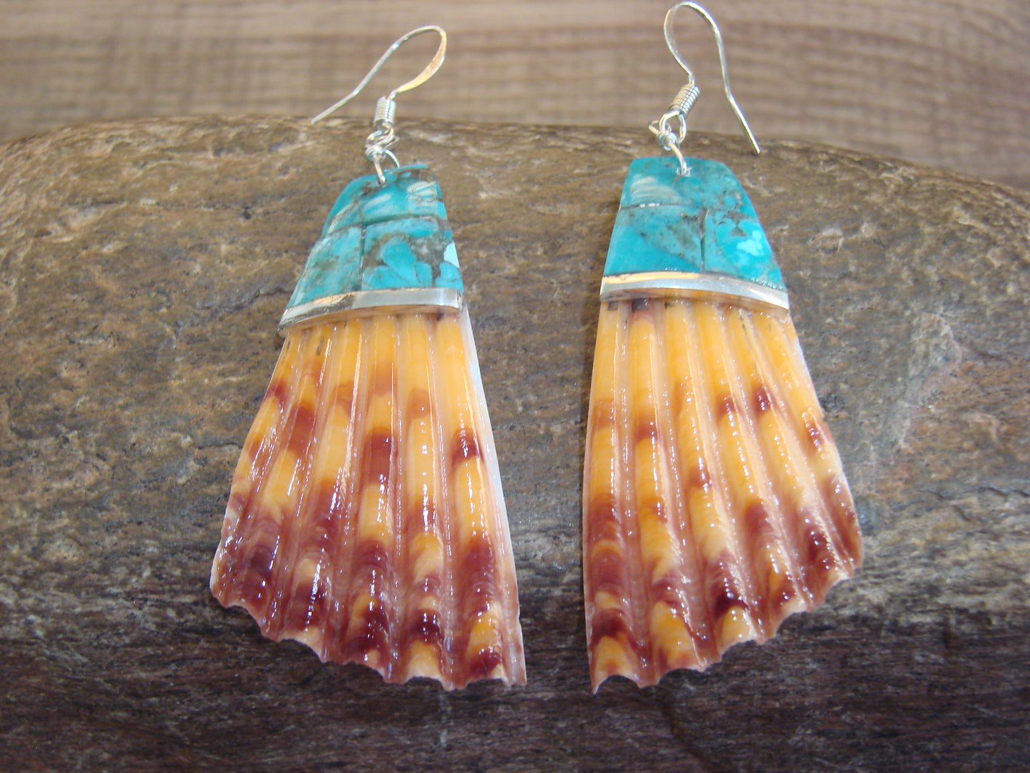 Native American Turquoise Inlay Shell Dangle Earrings - Aguilar