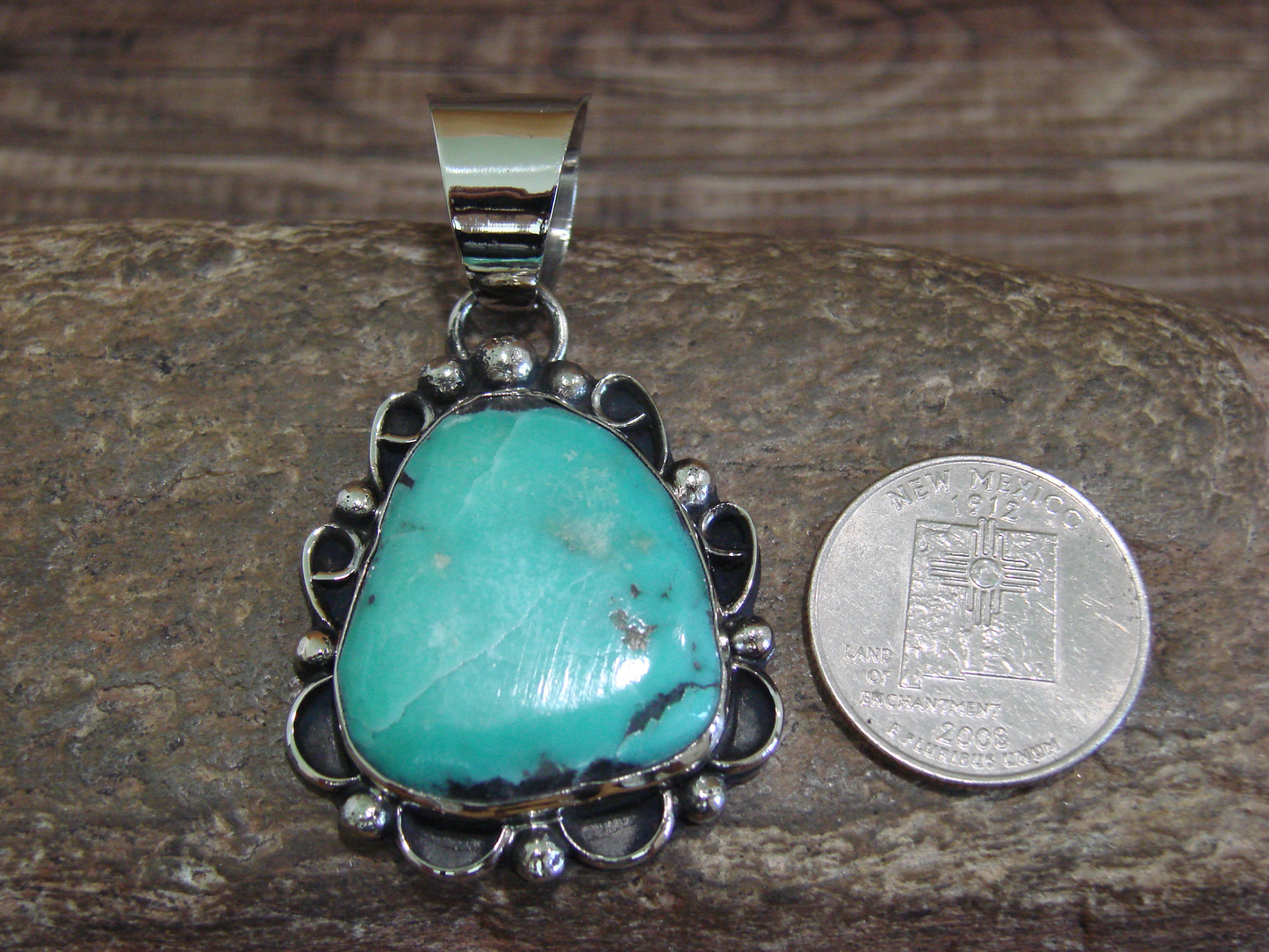 Native American Navajo Nickel Silver & Turquoise Pendant - Cleveland