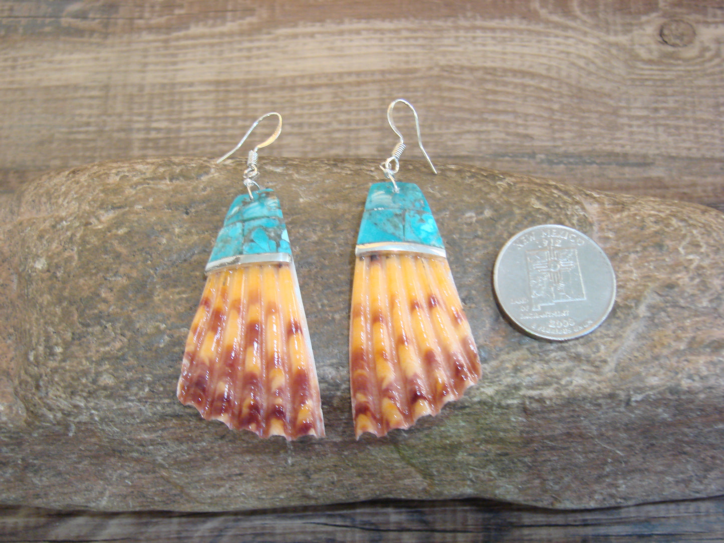 Native American Turquoise Inlay Shell Dangle Earrings - Aguilar