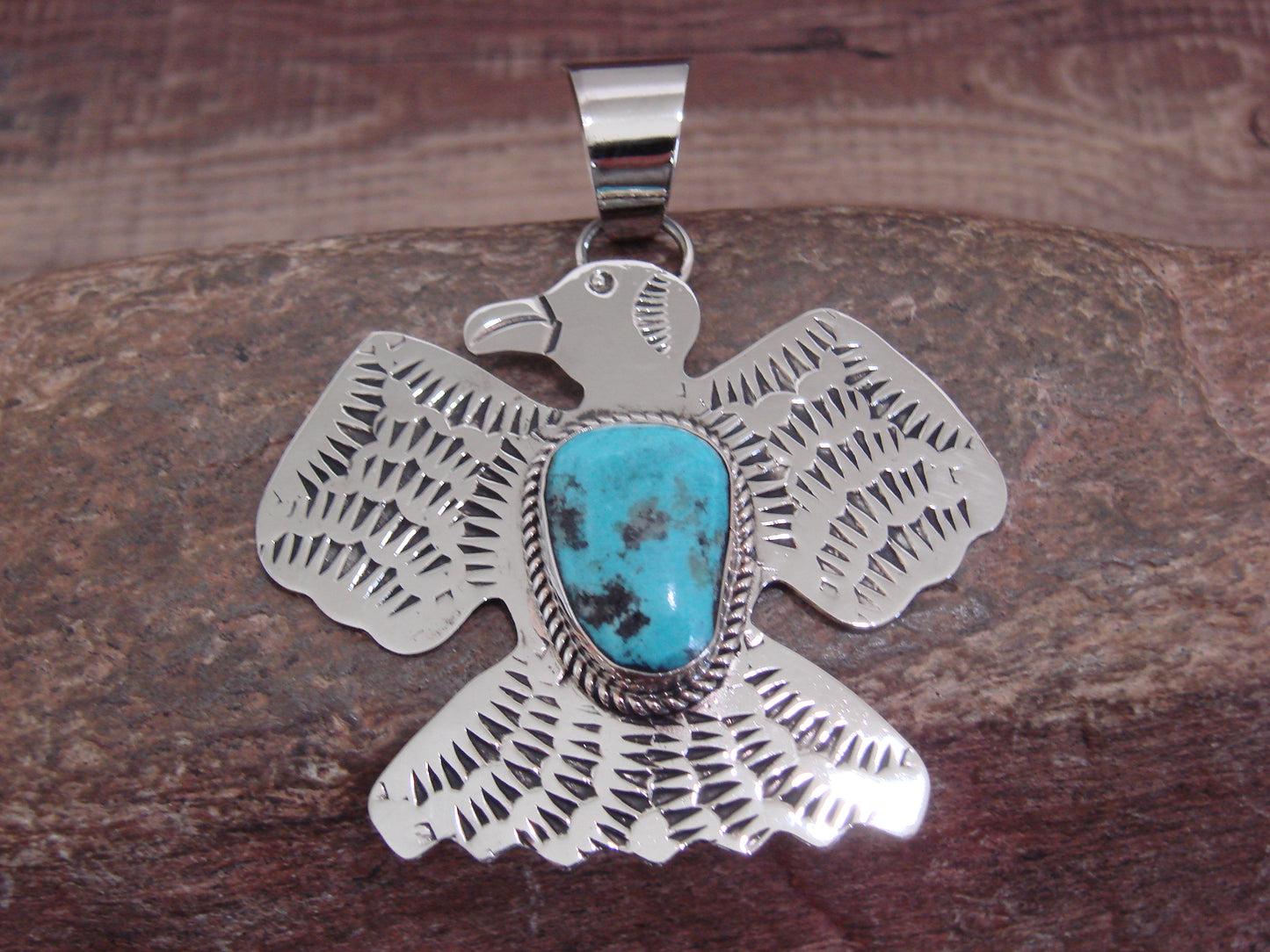 Native American Nickel Silver & Turquoise Thunderbird Pendant - Cleveland