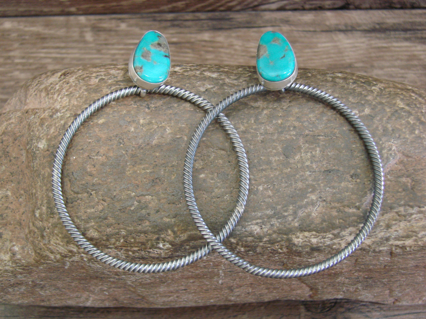 Native American Sterling Silver & Turquoise Hoop Post Earrings - Betone