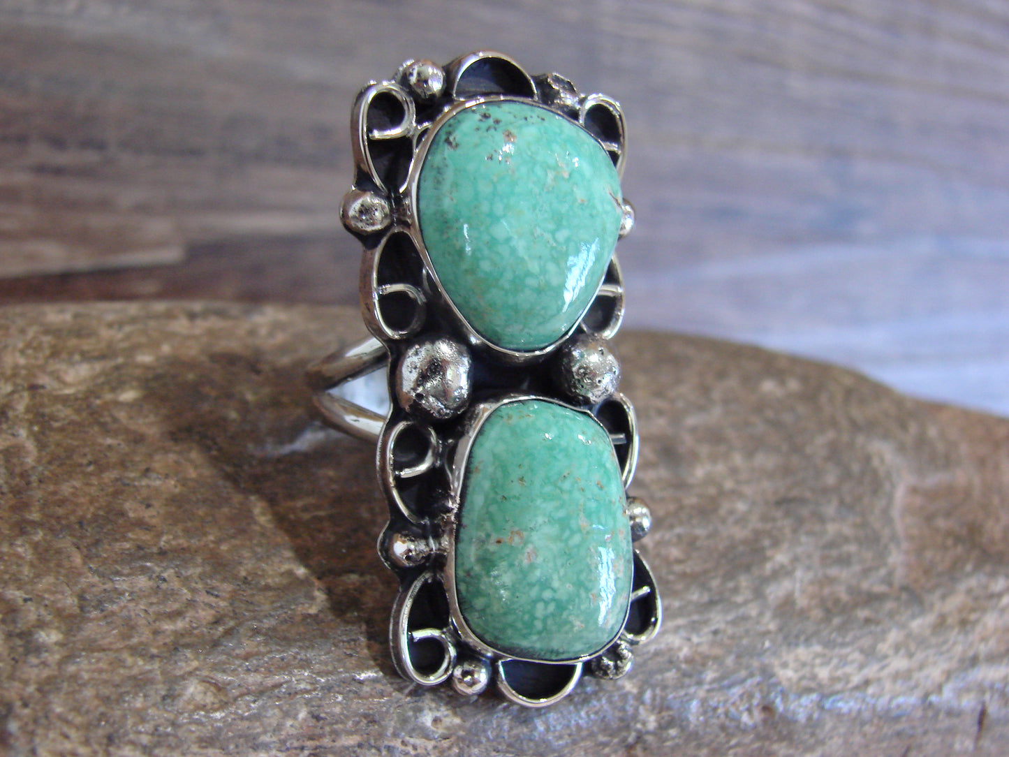 Native American Nickel Silver & Turquoise Ring by Cleveland - Size 10