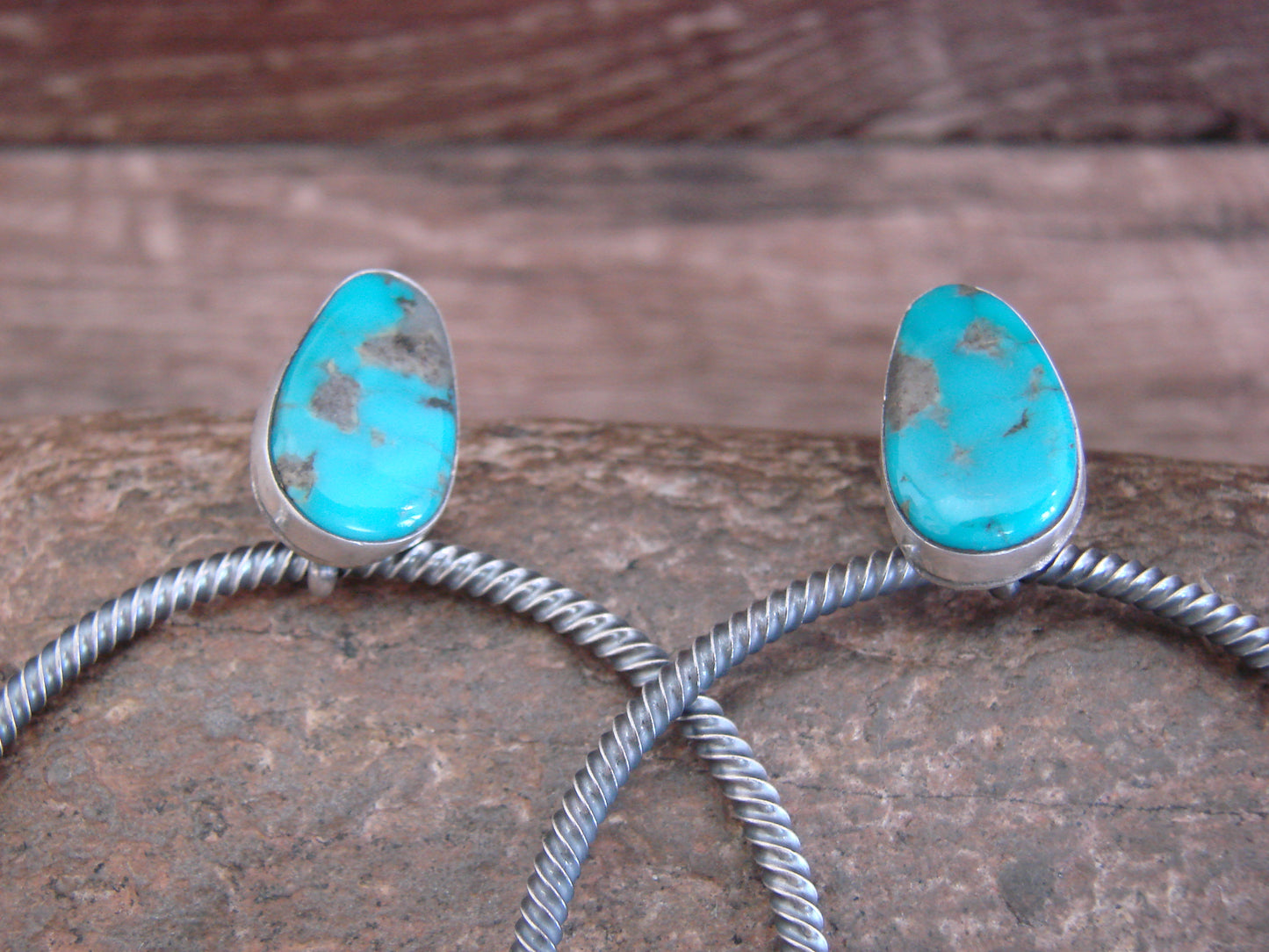 Native American Sterling Silver & Turquoise Hoop Post Earrings - Betone