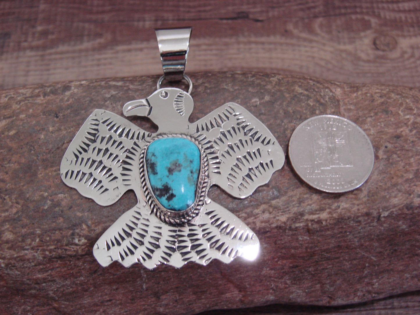 Native American Nickel Silver & Turquoise Thunderbird Pendant - Cleveland