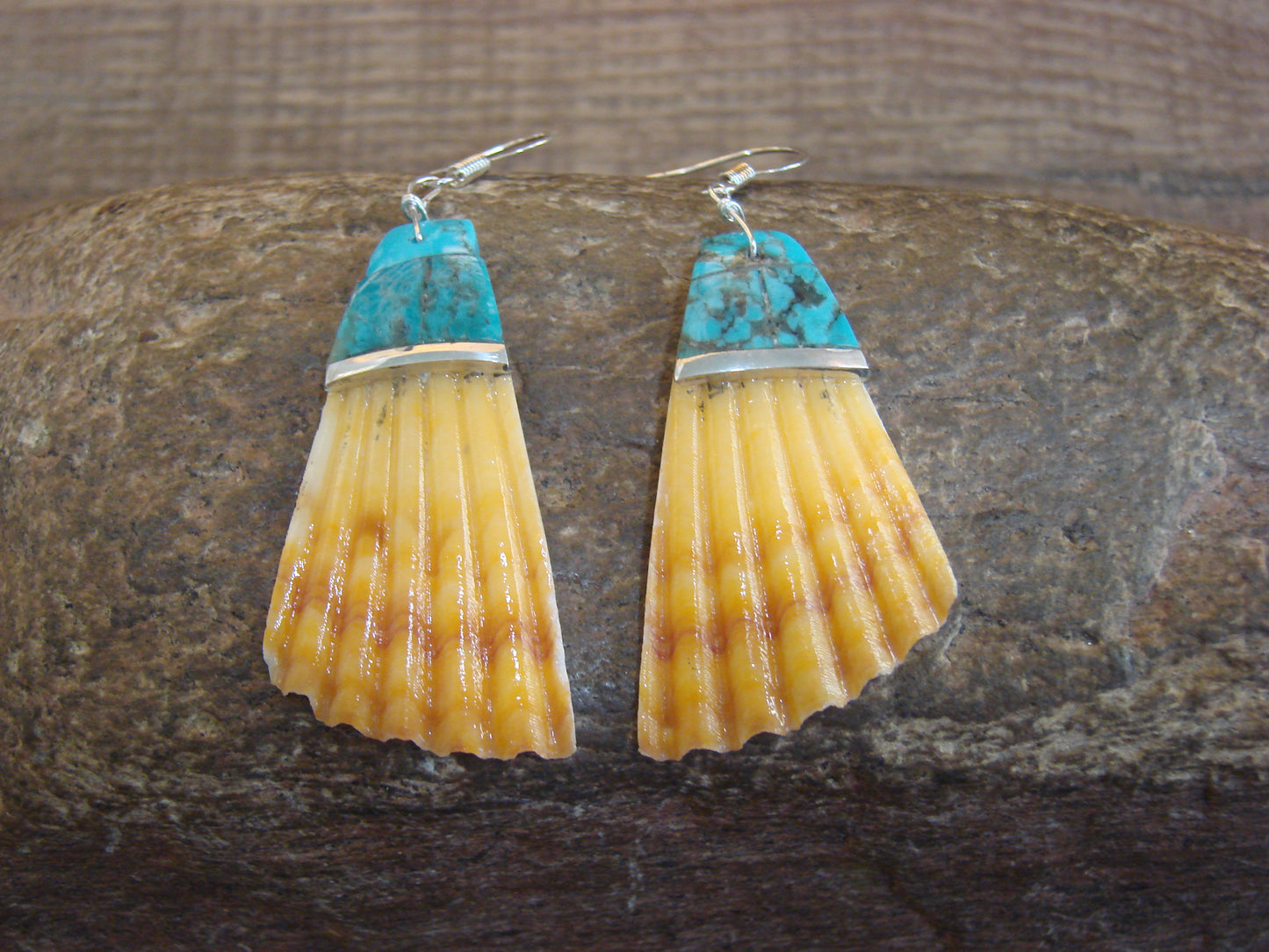 Native American Turquoise Inlay Shell Dangle Earrings - Aguilar