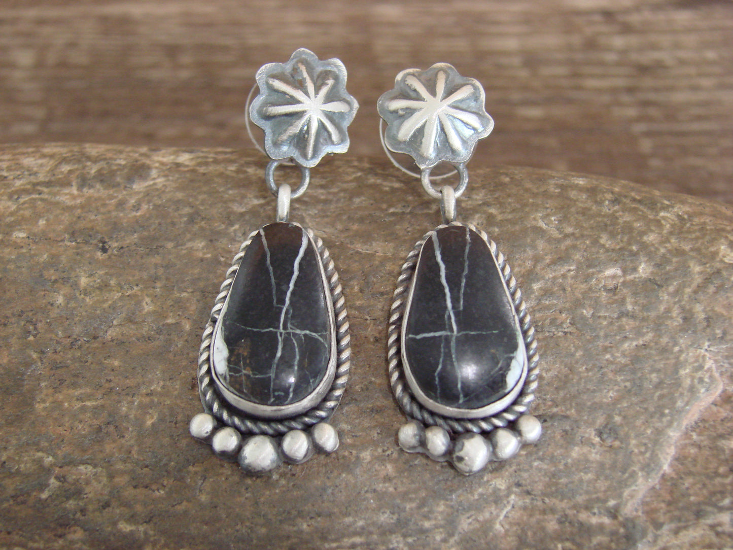Navajo Sterling Silver & White Buffalo Turquoise Post Dangle Earrings - LA