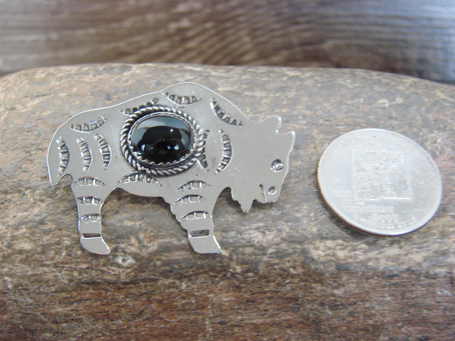 Native American Nickel Silver & Onyx Buffalo Pendant - Cleveland