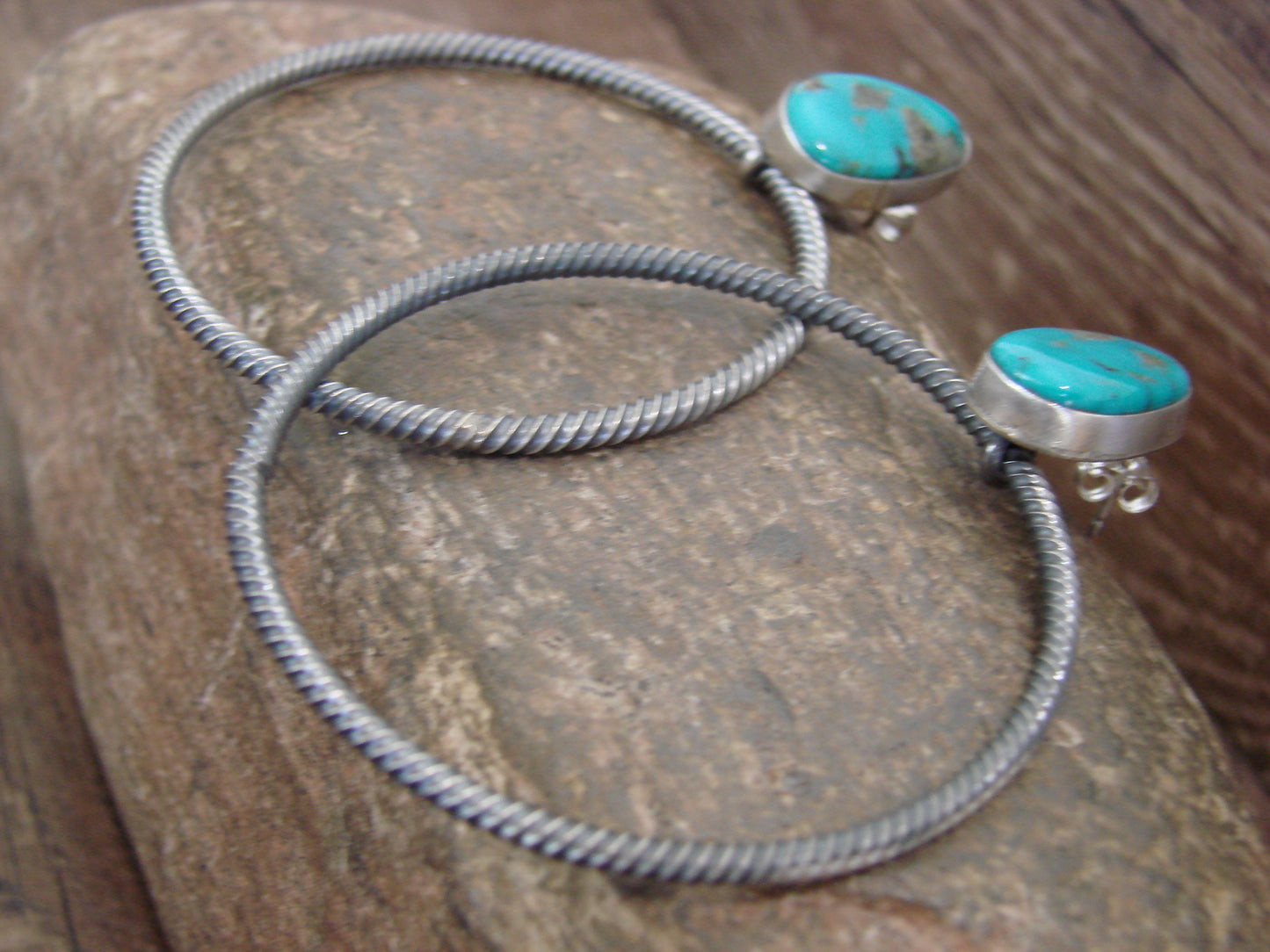 Native American Sterling Silver & Turquoise Hoop Post Earrings - Betone
