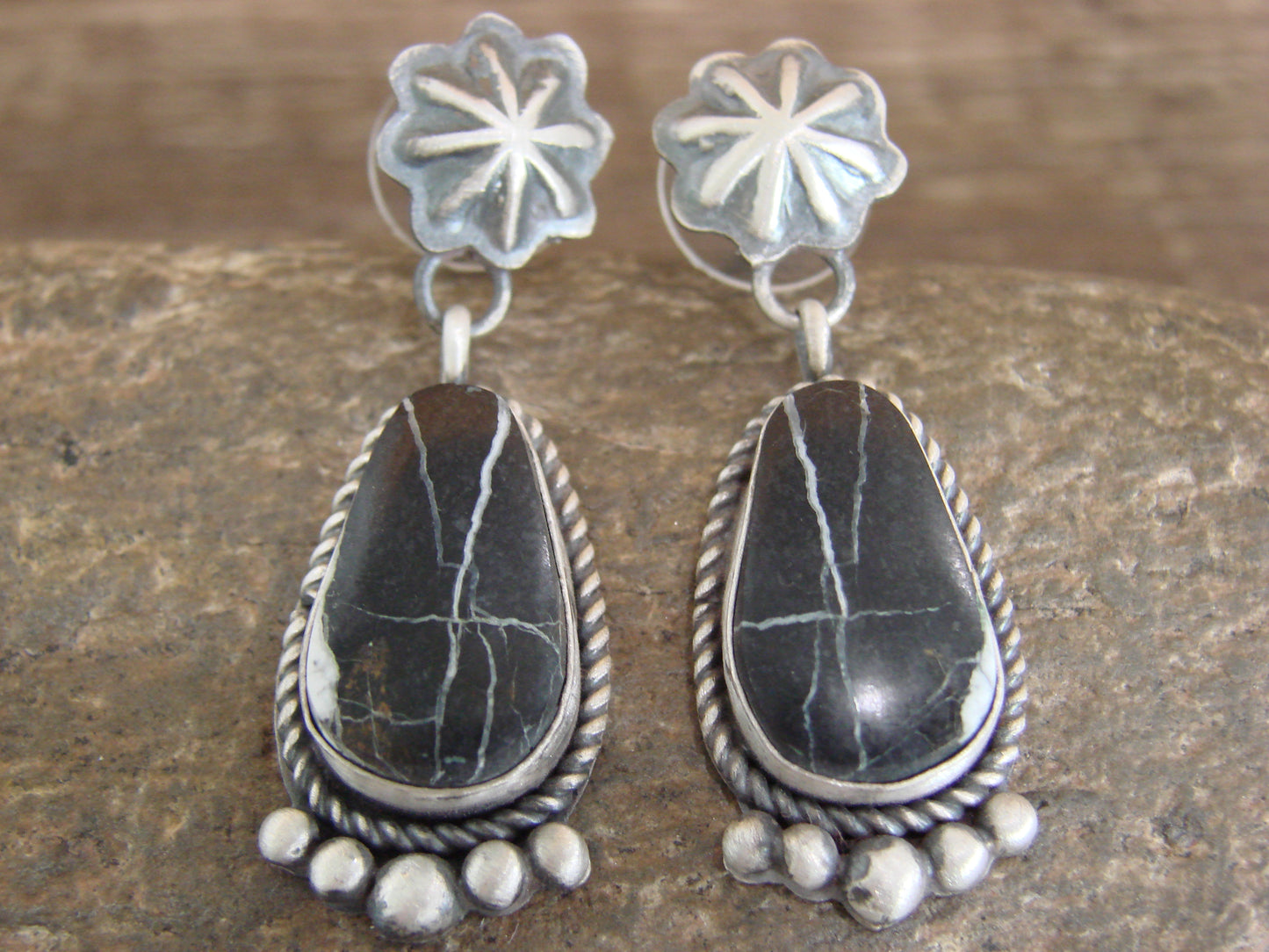 Navajo Sterling Silver & White Buffalo Turquoise Post Dangle Earrings - LA