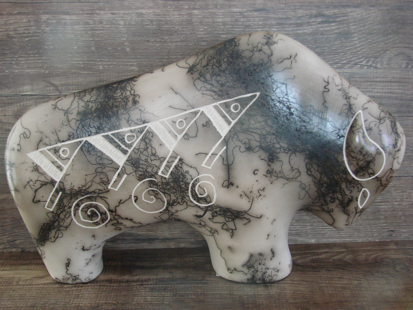 Native American Pottery Horse Hair Buffalo Sculpture by Yellow Corn