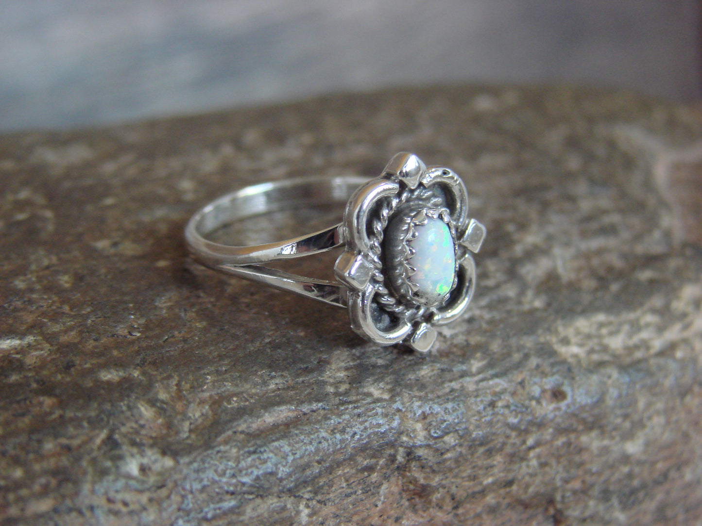 Native American Sterling Silver & White Opal Ring - Size 6.5 - Largo