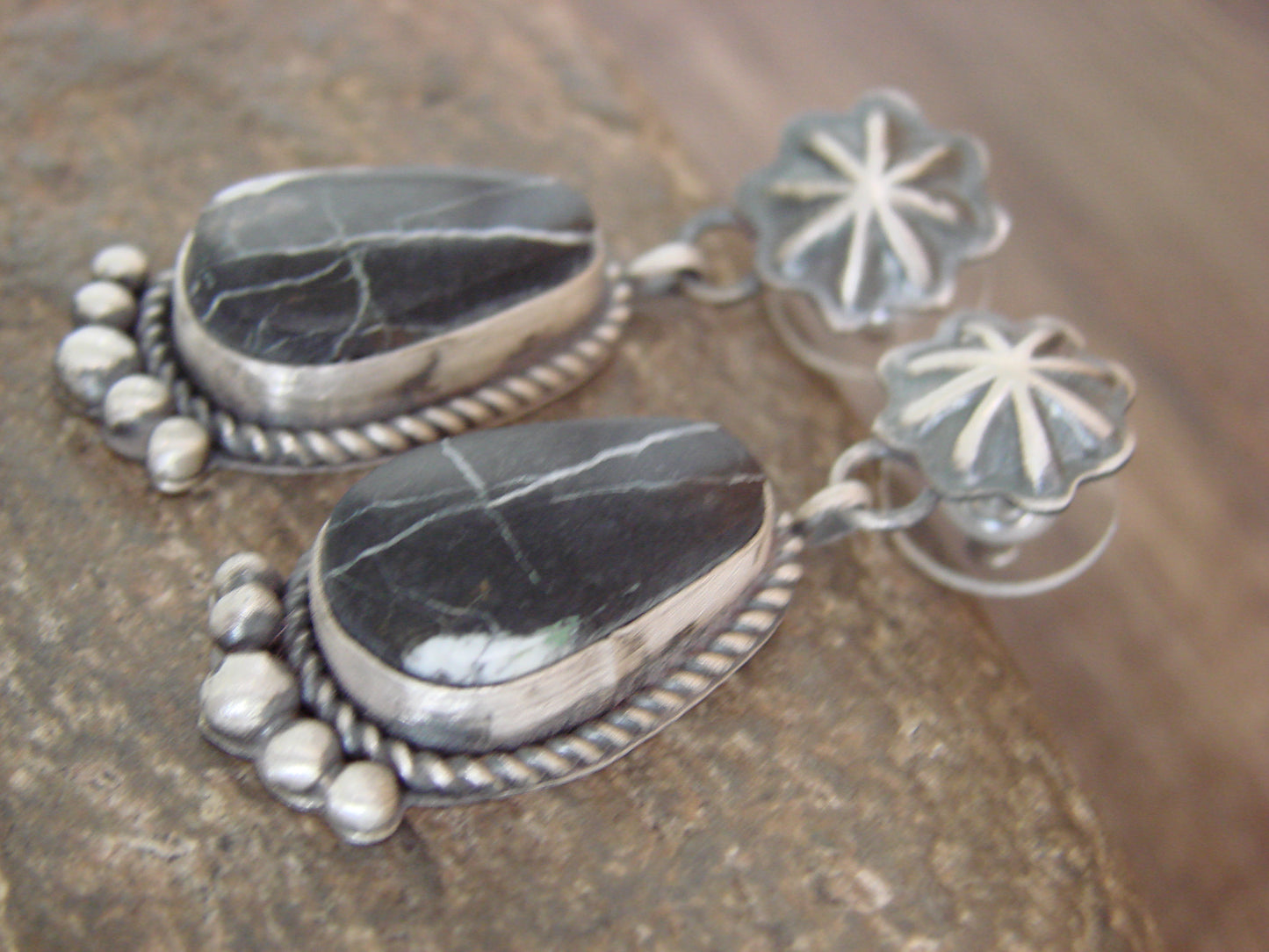 Navajo Sterling Silver & White Buffalo Turquoise Post Dangle Earrings - LA