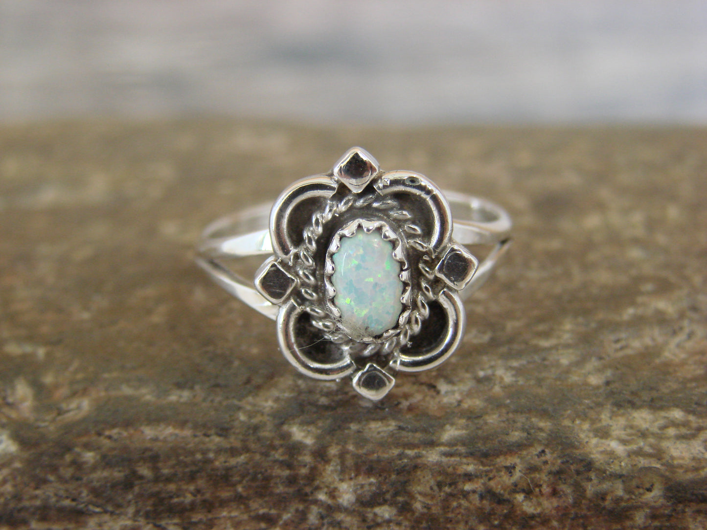 Native American Sterling Silver & White Opal Ring - Size 6.5 - Largo