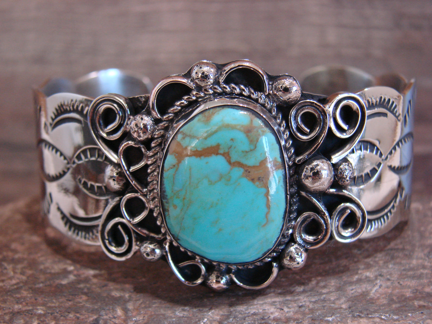 Native American Nickel Silver & Turquoise Bracelet by Cleveland