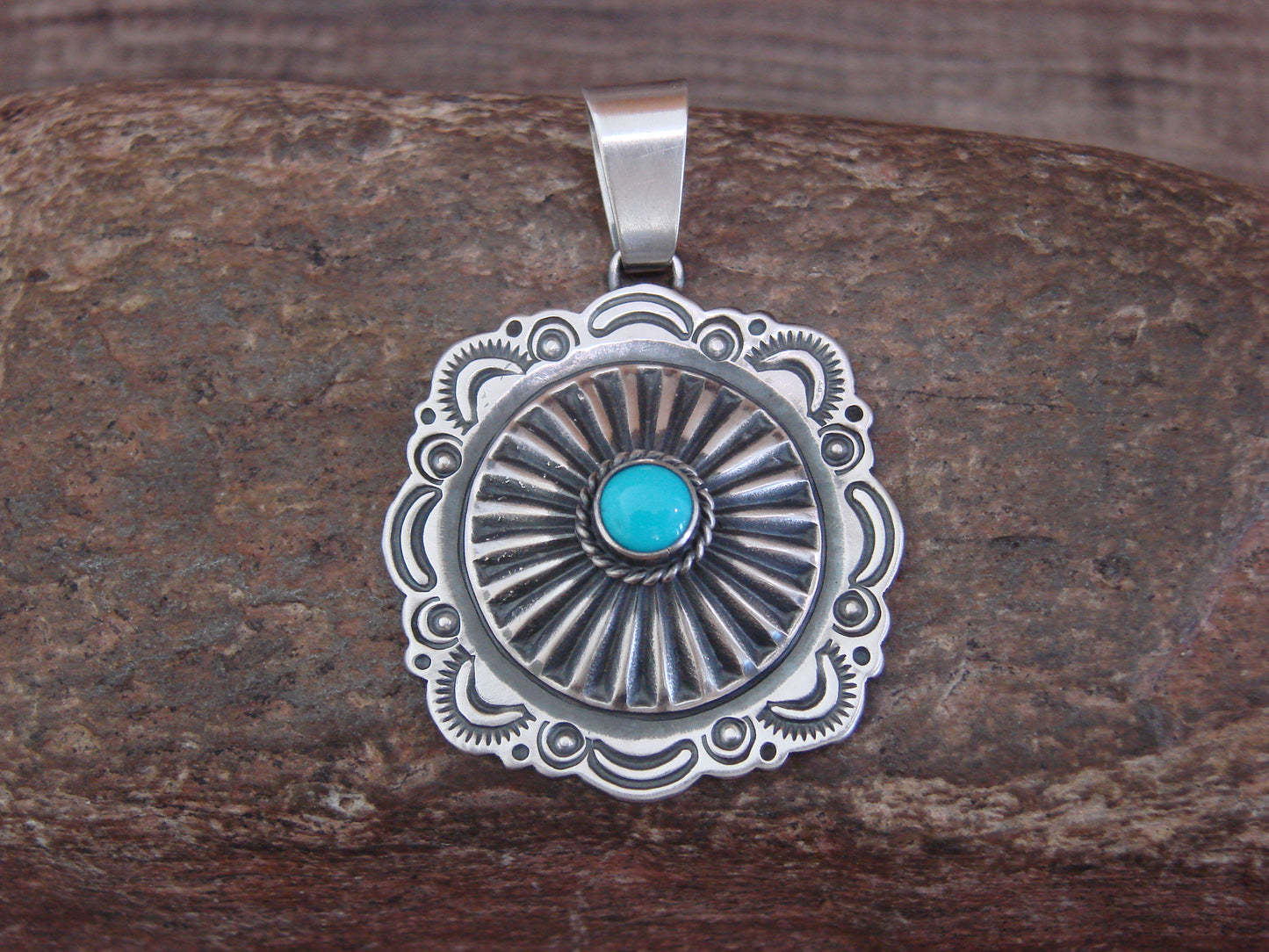 Native American Sterling Silver & Turquoise Concho Pendant by Gordon