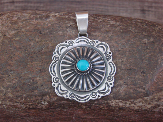 Native American Sterling Silver & Turquoise Concho Pendant by Gordon