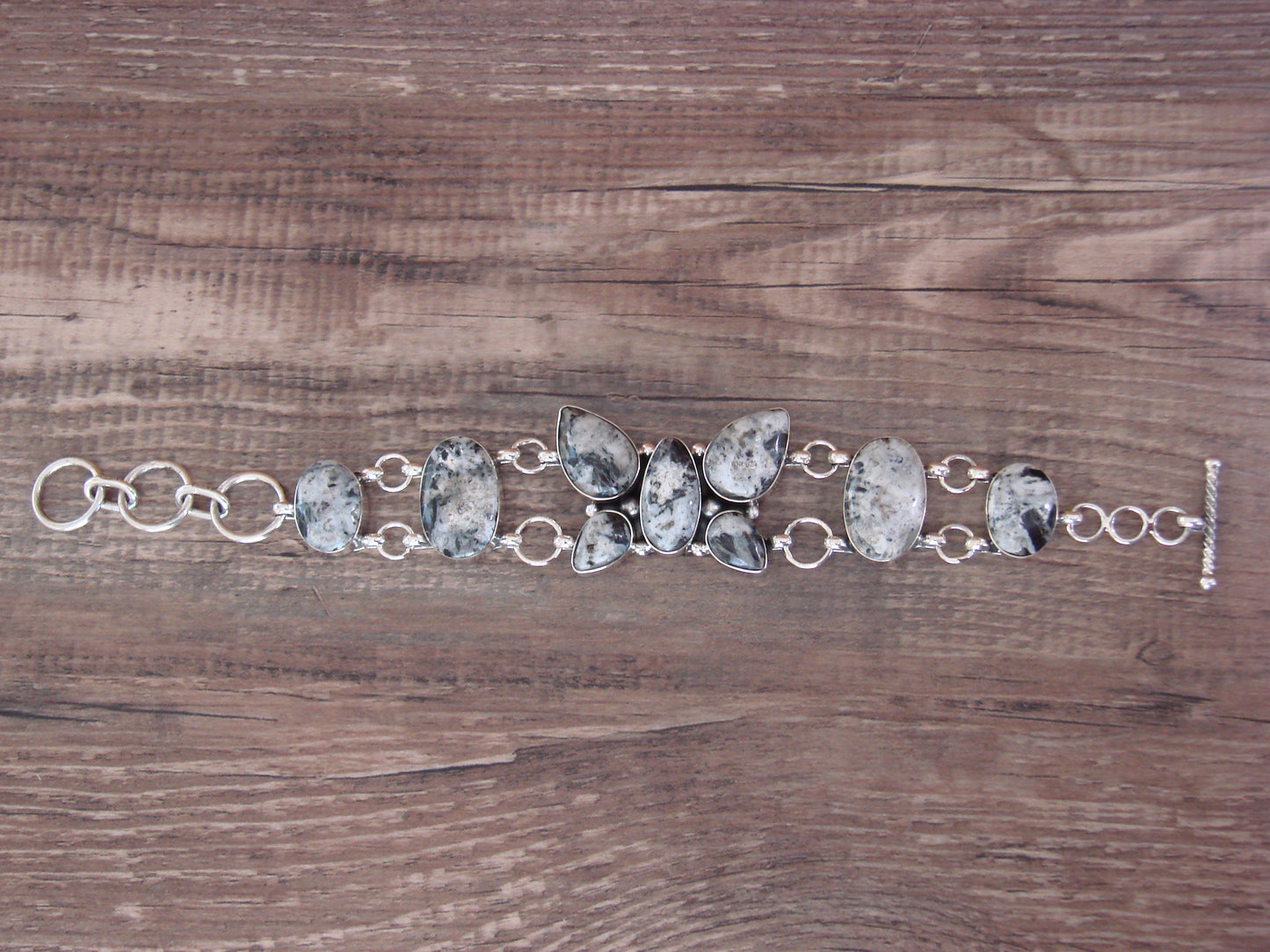 Native American Sterling Silver White Buffalo Turquoise Butterfly Link Bracelet -Cayaditto