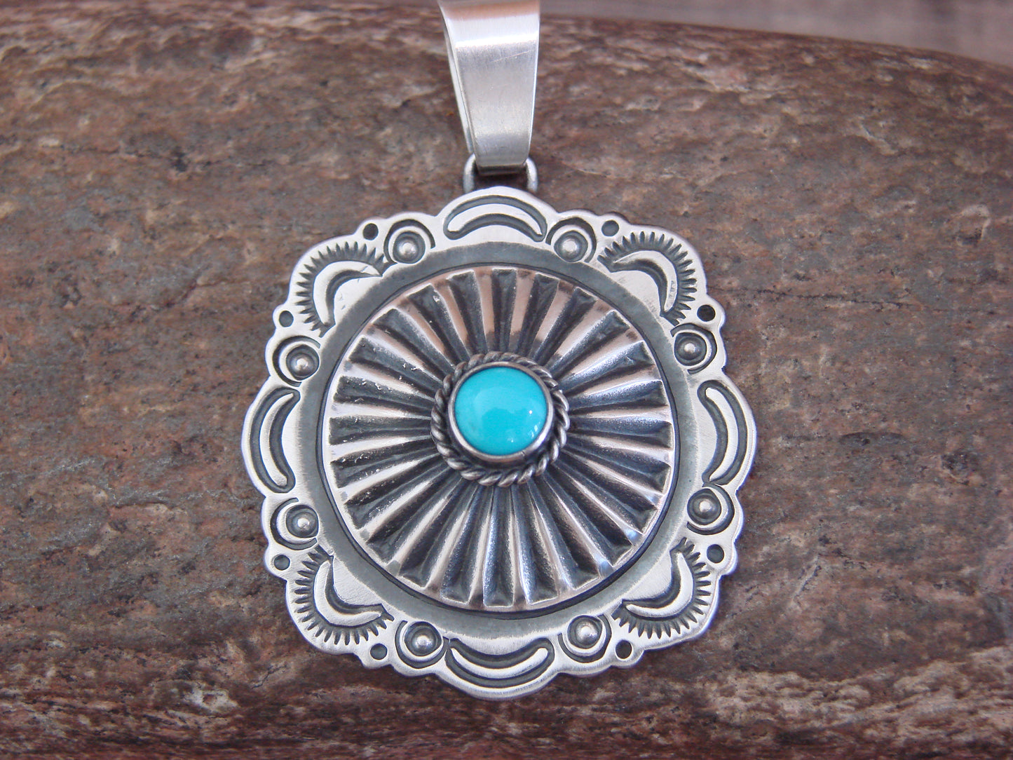 Native American Sterling Silver & Turquoise Concho Pendant by Gordon