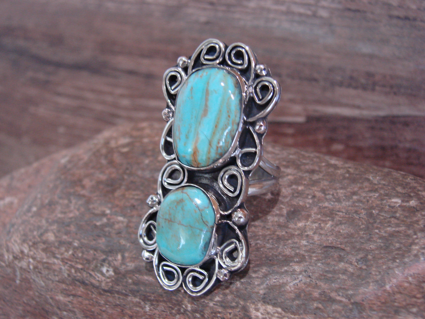 Native American Nickel Silver & Turquoise Ring by Cleveland - Size 9