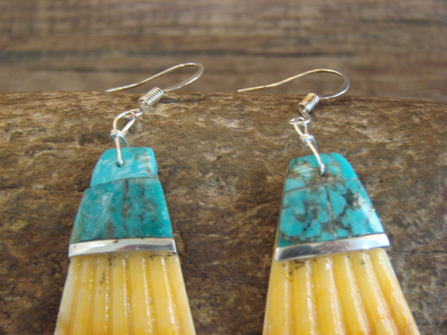 Native American Turquoise Inlay Shell Dangle Earrings - Aguilar