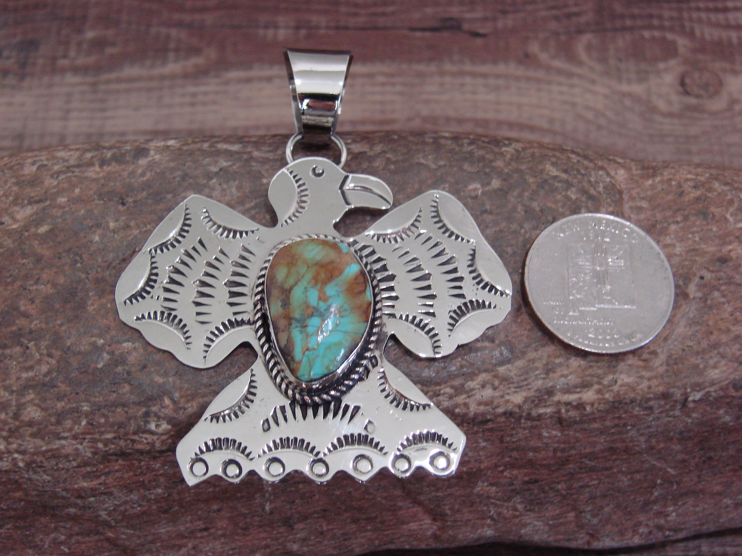 Native American Nickel Silver & Turquoise Thunderbird Pendant - Cleveland