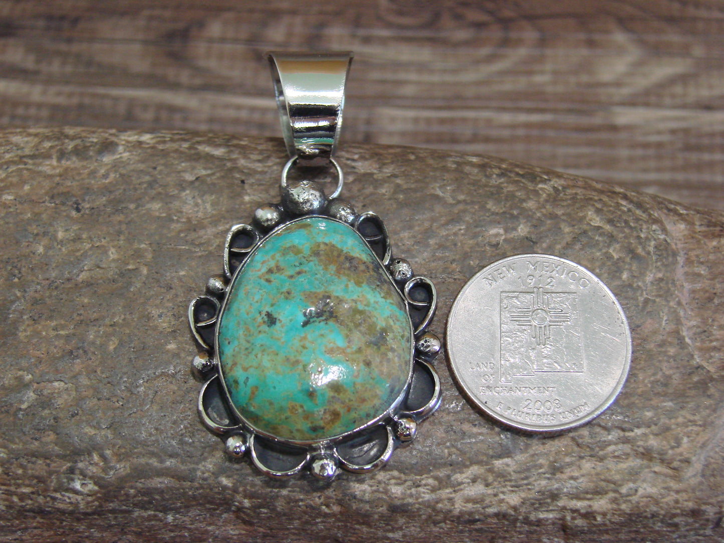 Native American Navajo Nickel Silver & Turquoise Pendant - Cleveland