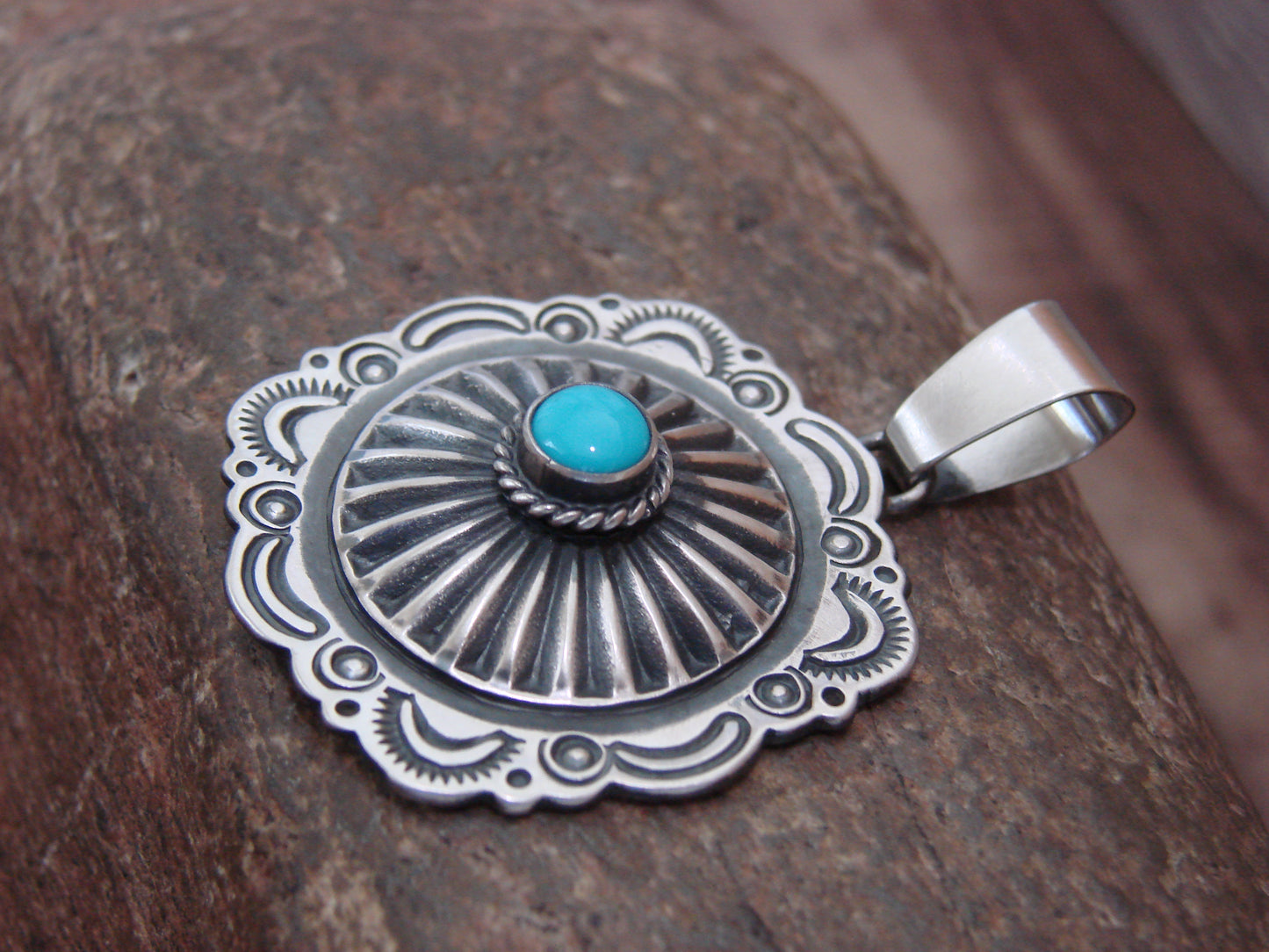 Native American Sterling Silver & Turquoise Concho Pendant by Gordon