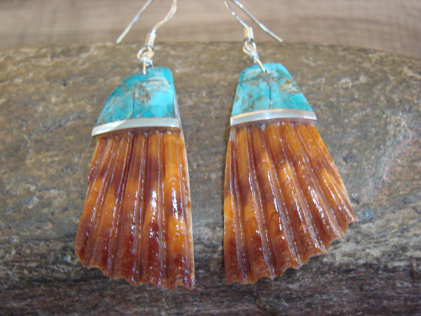 Native American Turquoise Inlay Shell Dangle Earrings - Aguilar
