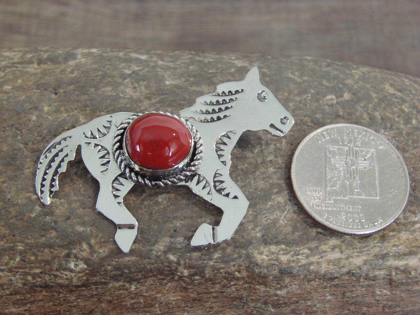 Native American Nickel Silver & Coral Horse Pin - Cleveland
