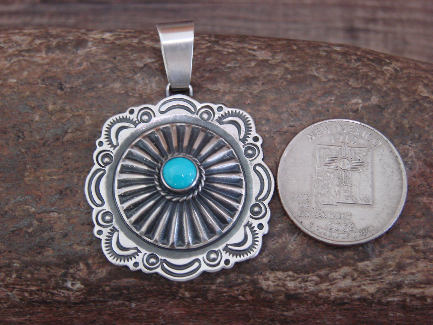 Native American Sterling Silver & Turquoise Concho Pendant by Gordon