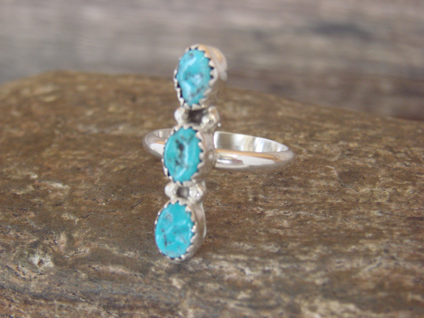 Native American Sterling Silver & Turquoise Row Ring by Yazzie - Size 7
