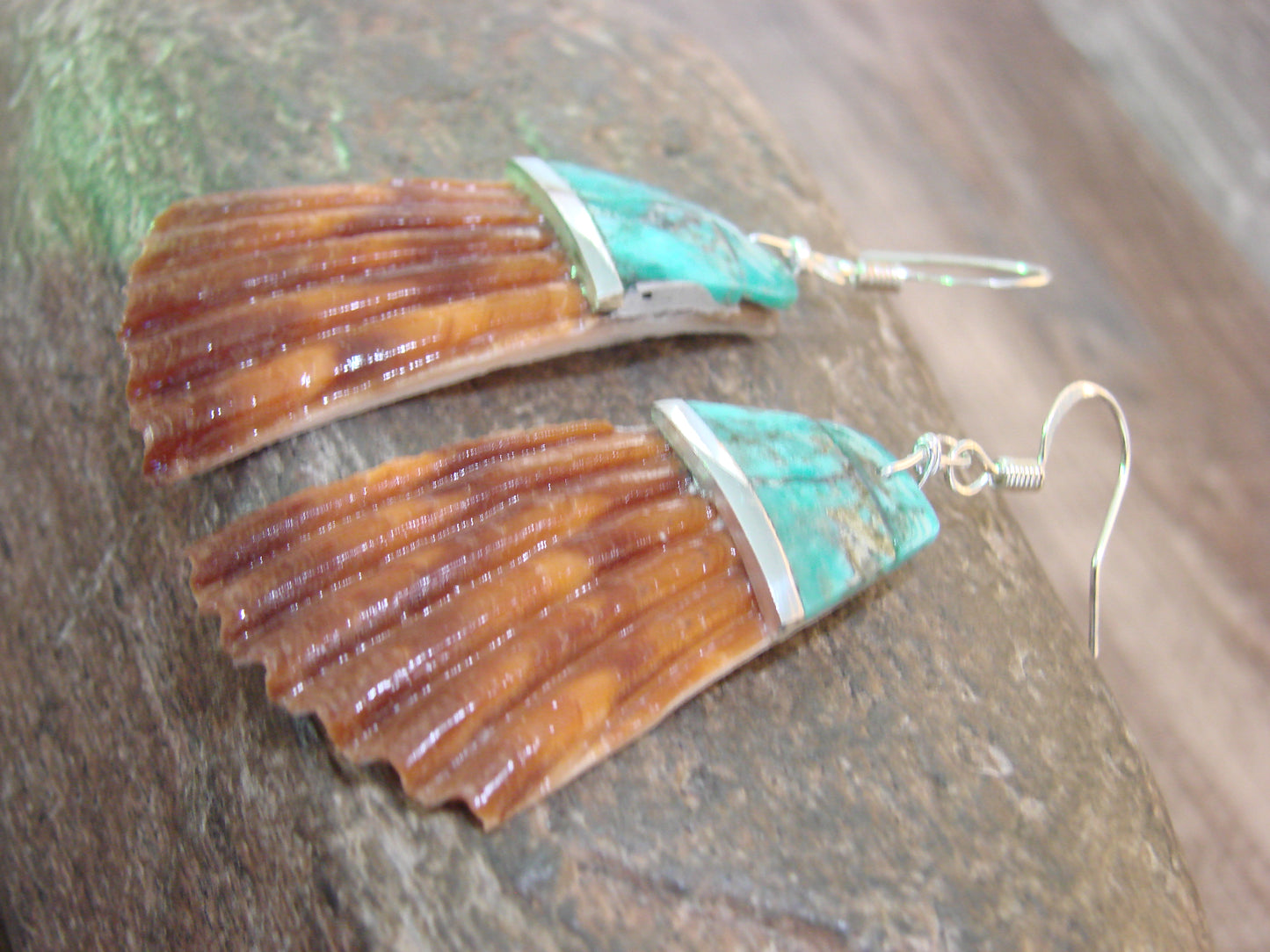 Native American Turquoise Inlay Shell Dangle Earrings - Aguilar