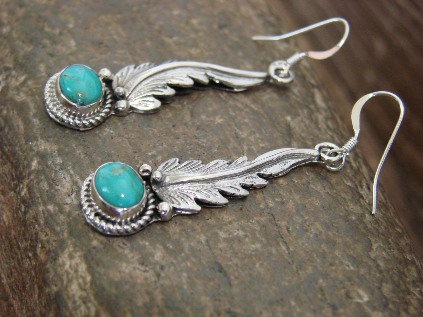 Native American Sterling Silver Turquoise Feather Dangle Earrings by Largo