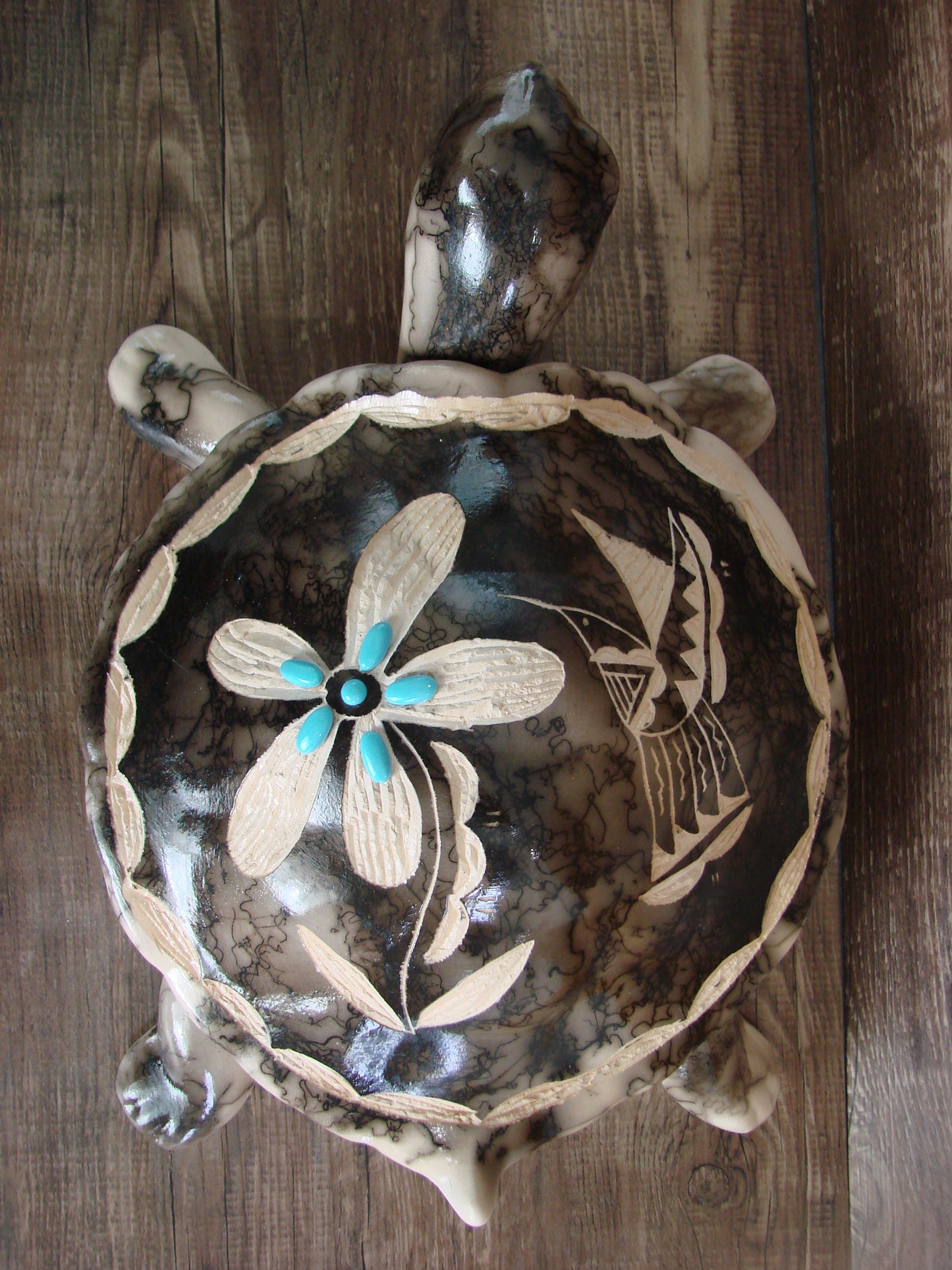 Large Navajo Pottery Horse Hair Turtle Jewelry Trinket Box by Vail