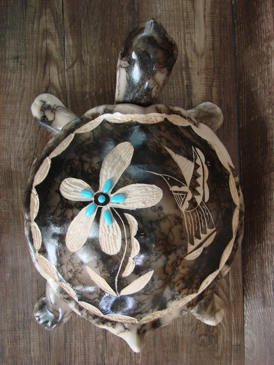 Large Navajo Pottery Horse Hair Turtle Jewelry Trinket Box by Vail