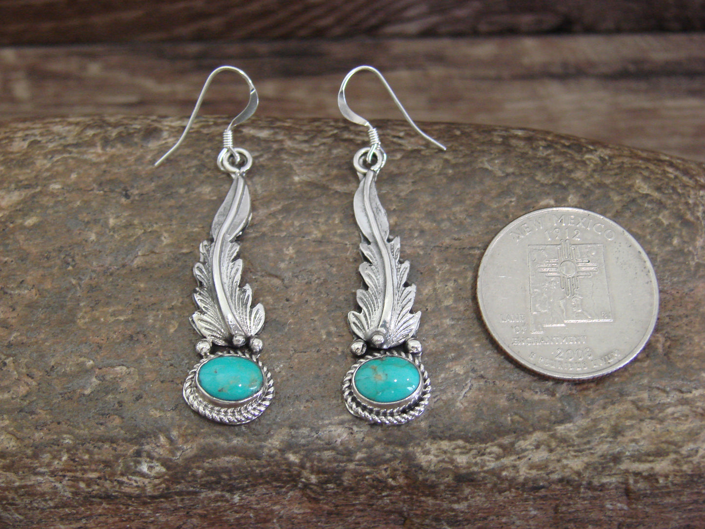 Native American Sterling Silver Turquoise Feather Dangle Earrings by Largo