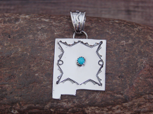 Native American Sterling Silver & Turquoise New Mexico Pendant by Belin