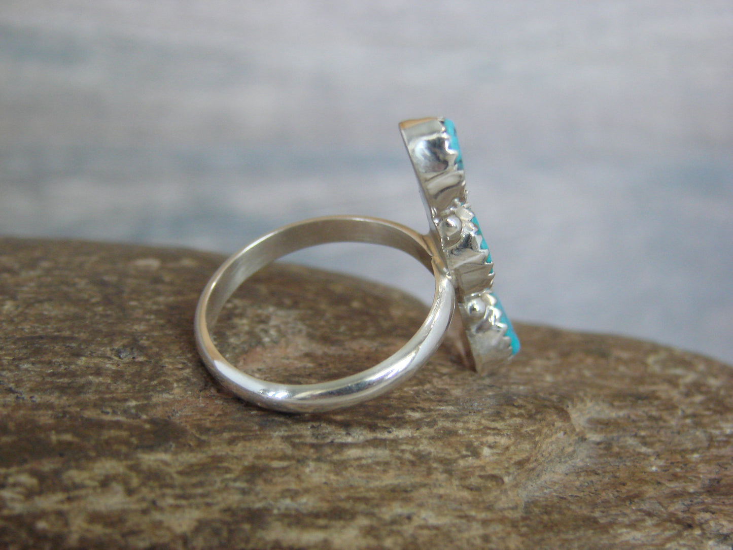 Native American Sterling Silver & Turquoise Row Ring by Yazzie - Size 5.5