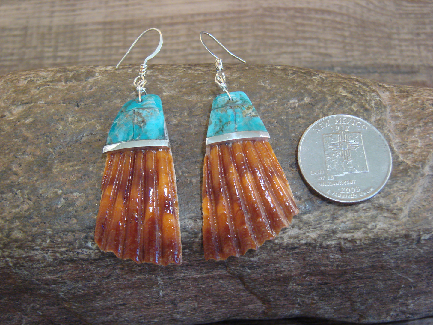 Native American Turquoise Inlay Shell Dangle Earrings - Aguilar