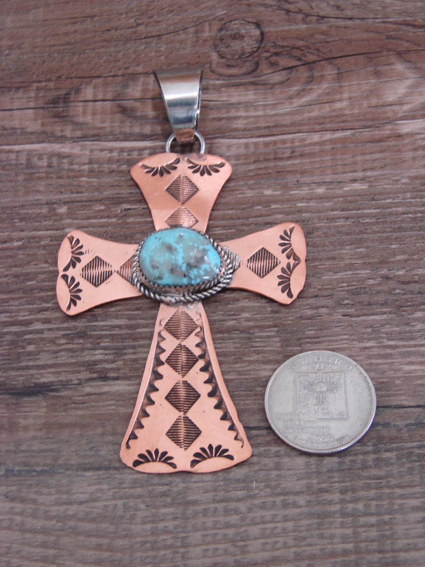 Native American Copper & Turquoise Cross Pendant by Cleveland