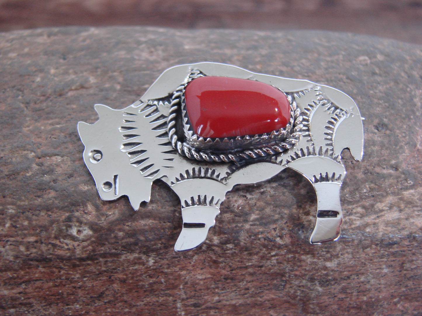 Native American Nickel Silver & Coral Buffalo Pin - Cleveland