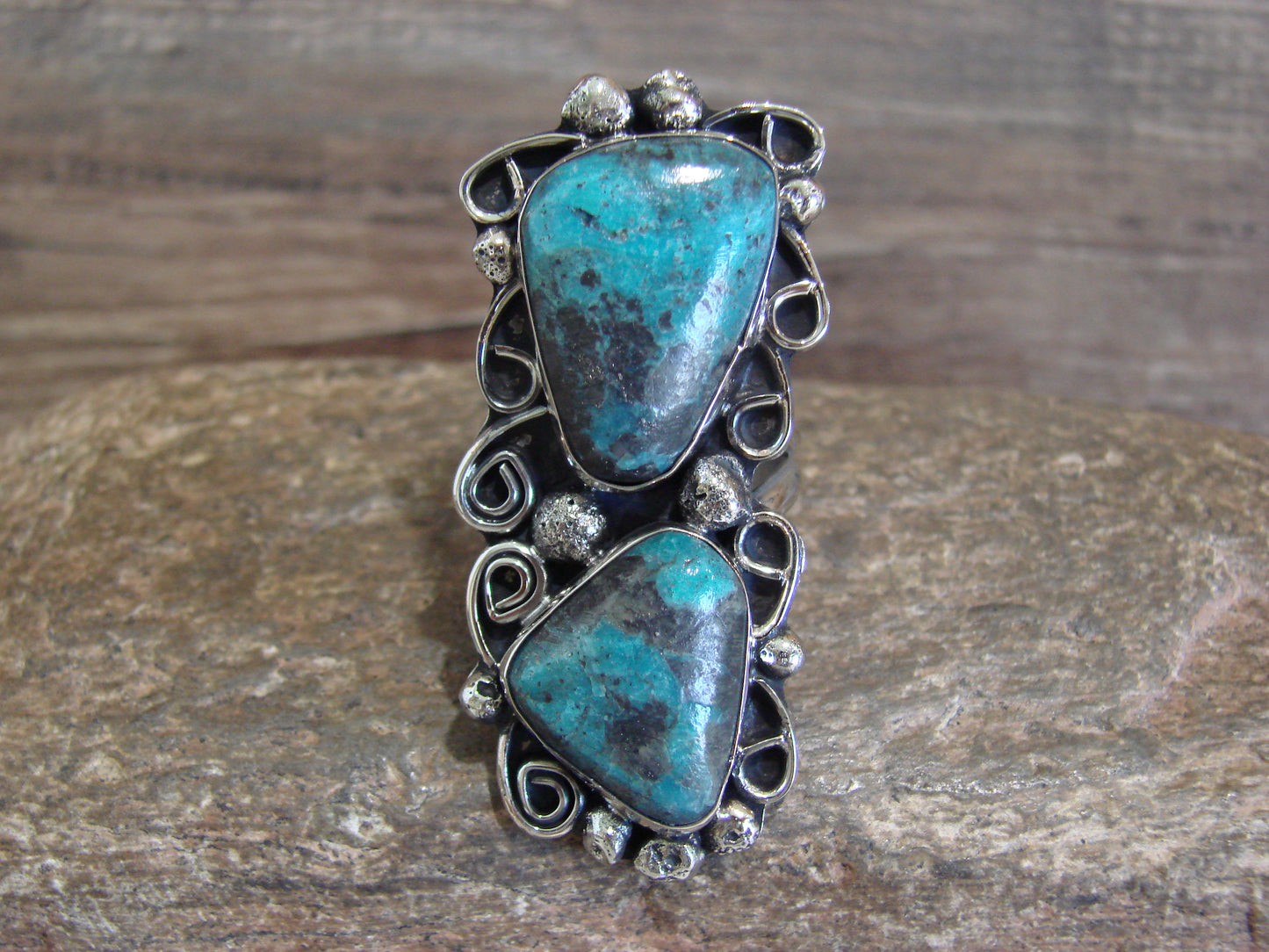 Native American Nickel Silver & Turquoise Ring by Cleveland - Size 10.5