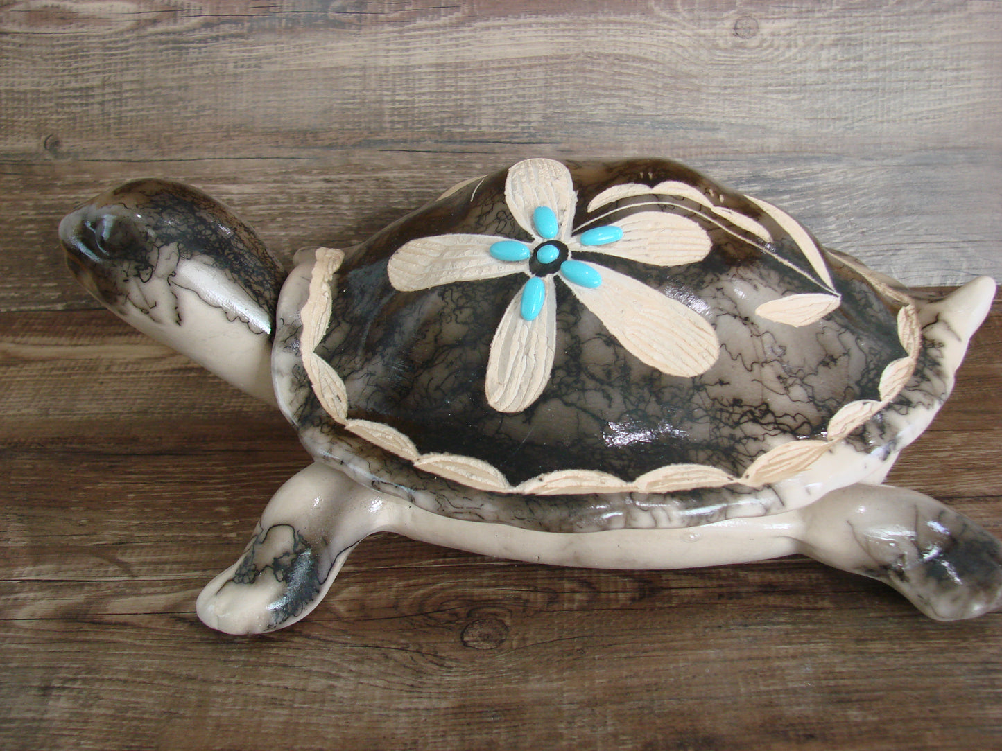 Large Navajo Pottery Horse Hair Turtle Jewelry Trinket Box by Vail