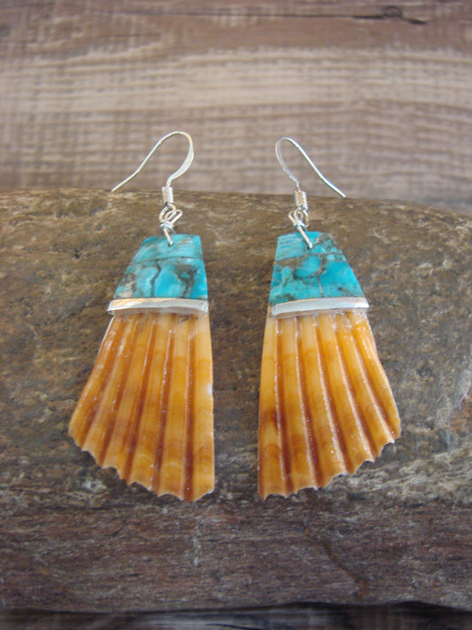 Native American Turquoise Inlay Shell Dangle Earrings - Aguilar