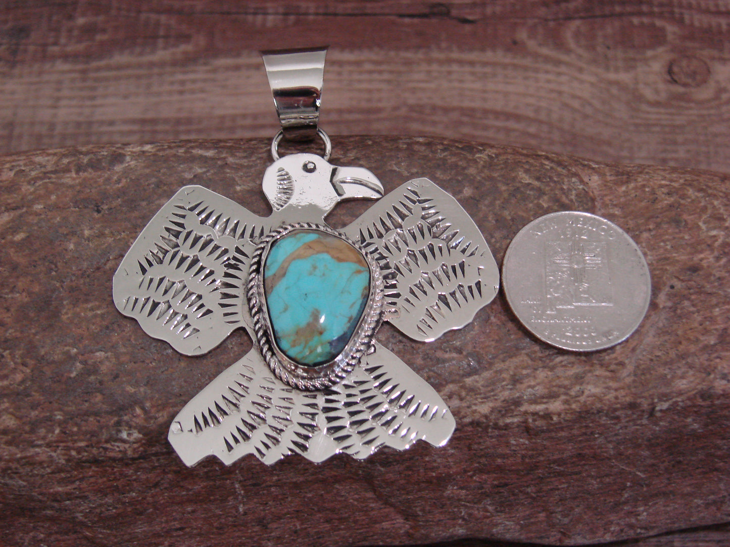 Native American Nickel Silver & Turquoise Thunderbird Pendant - Cleveland