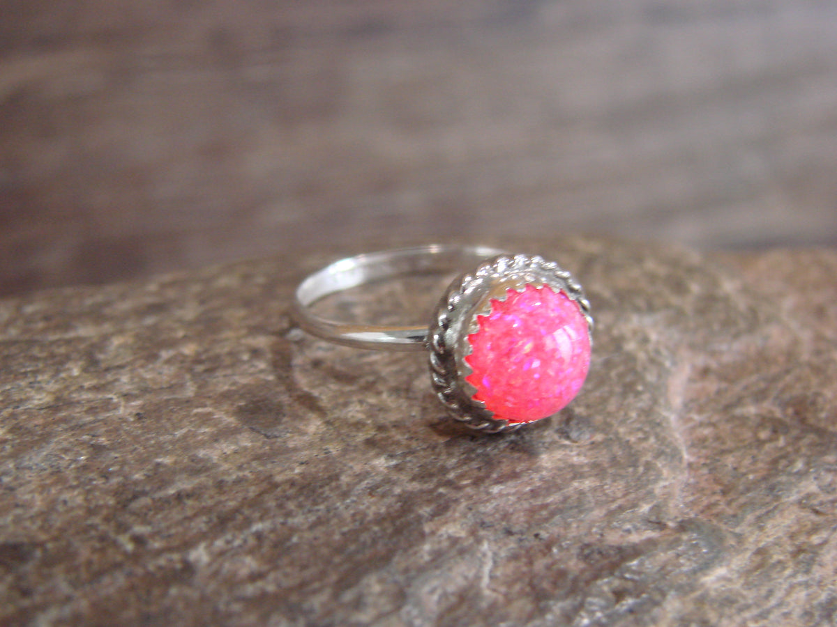 Native American Sterling Silver & Pink Opal Ring by White - Size 7