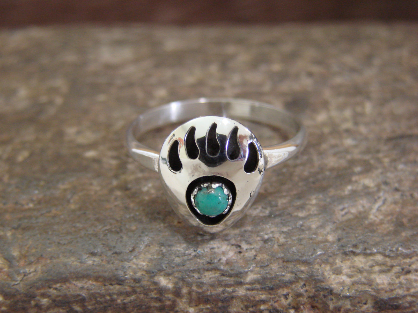 Native American Sterling Silver Turquoise Bear Paw Ring by Parker - Size 6