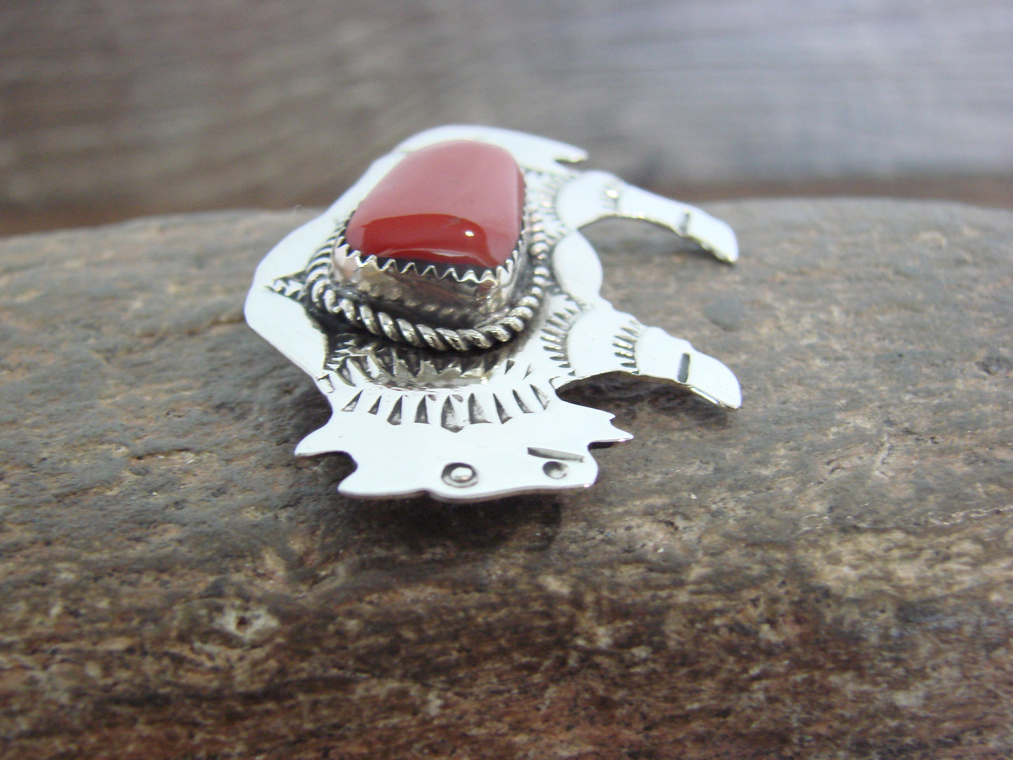 Native American Nickel Silver & Coral Buffalo Pin - Cleveland